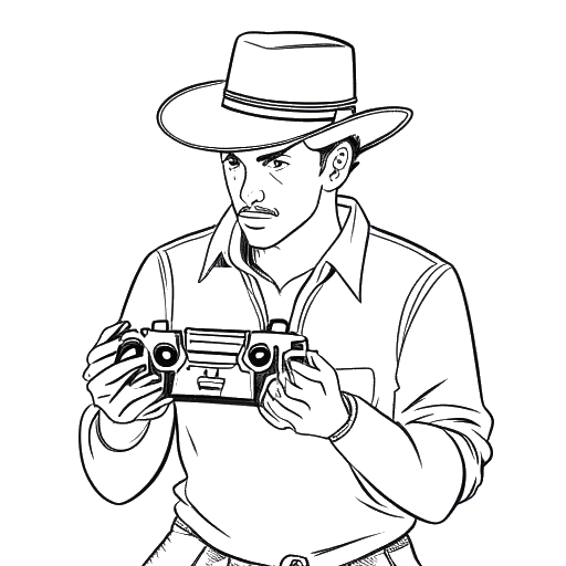 Line art drawing of a man, representing Cody Rhodes, wearing a cowboy hat and holding a video game controller