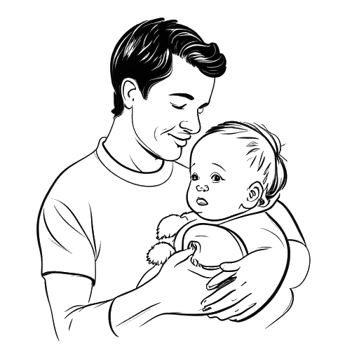 Line art drawing of a man and woman, representing Cody and Brandi Rhodes, holding a baby