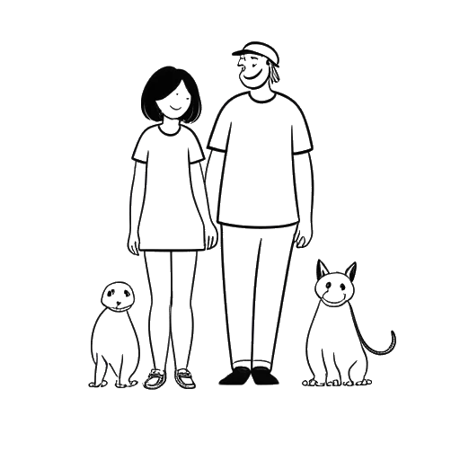 Line art drawing of a man and woman, representing Cody and Brandi Rhodes, holding hands with a child and a dog by their side