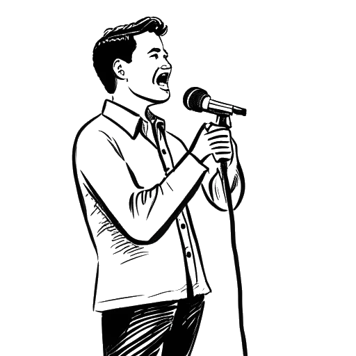 Dibujo de arte lineal de un hombre, representando a Cody Rhodes, sosteniendo un micrófono y hablando ante una multitud.