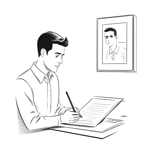 Line art drawing of a man, representing Cody Rhodes, signing a document with a framed photo of his father on the wall