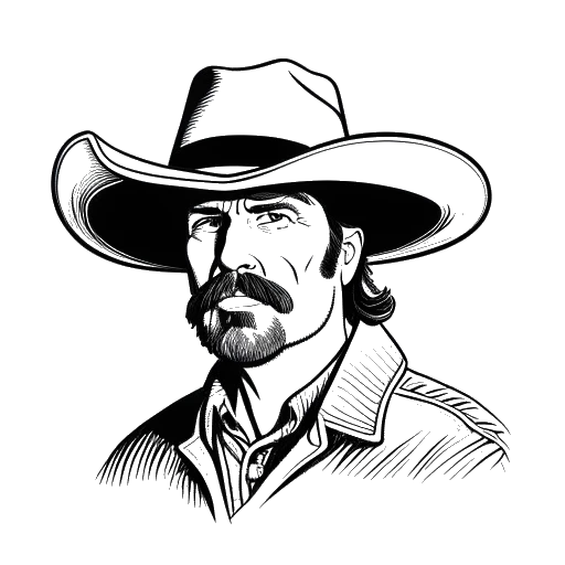 Line art drawing of a man, representing Cody Rhodes, wearing a cowboy hat with a sign that reads 'Buffalo Bill' in the background