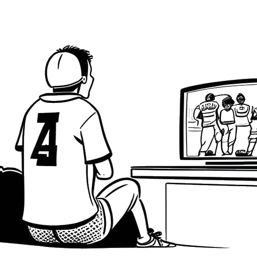 Line art drawing of a man, representing Cody Rhodes, watching football on a TV with a sign that reads 'NFL' in the background