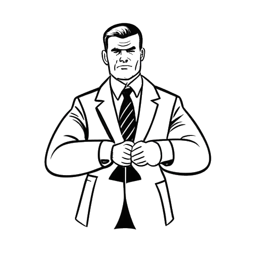 Lijntekening van een man, die Cody Rhodes vertegenwoordigt, die een pak met das draagt en worstelgear
