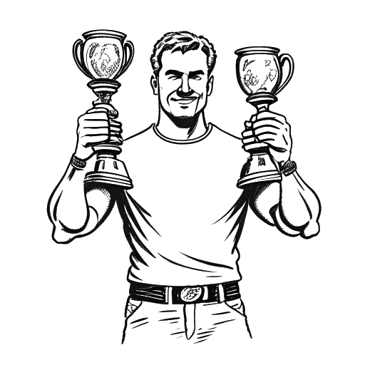 Line art drawing of a man, representing Cody Rhodes, holding two wrestling championship trophies
