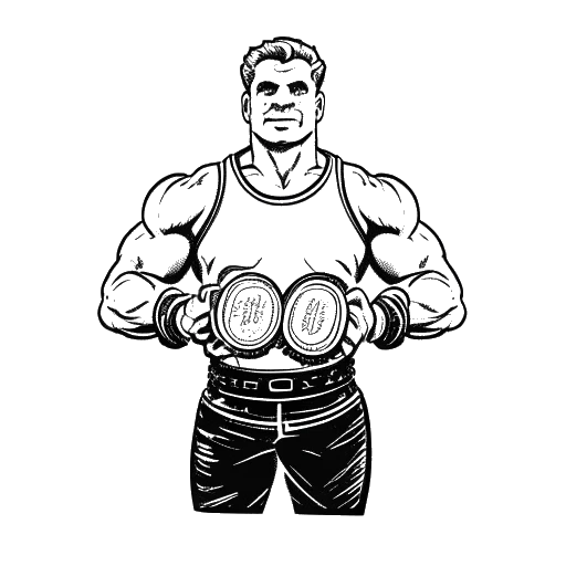 Line art drawing of a man, representing Cody Rhodes, holding multiple wrestling championship belts