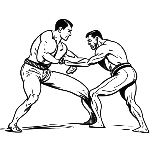 Line art drawing of a man, representing Cody Rhodes, practicing wrestling moves with three other men