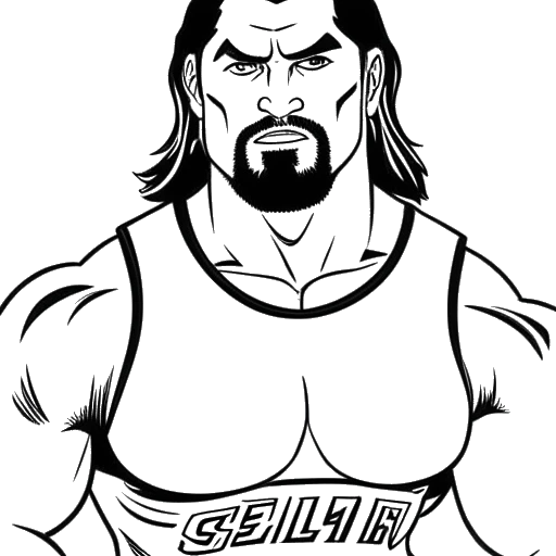 Lijntekening van een man, die Cody Rhodes vertegenwoordigt, en een worsteloutfit draagt met een bord met 'WrestleMania 38 Seth Rollins' op de achtergrond