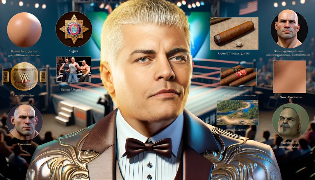 Cody Rhodes, a muscular bald male in wrestling gear with a serious expression, set in a dynamic wrestling atmosphere with nods to cigars, '90s country music, and The Legend of Zelda.