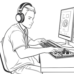 Strichzeichnung von ApoRed, der an einem Schreibtisch sitzt, Videospiel mit intensiver Konzentration spielt und einen Kopfhörer trägt.