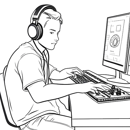 Strichzeichnung von ApoRed, der an einem Schreibtisch sitzt, Videospiel mit intensiver Konzentration spielt und einen Kopfhörer trägt.