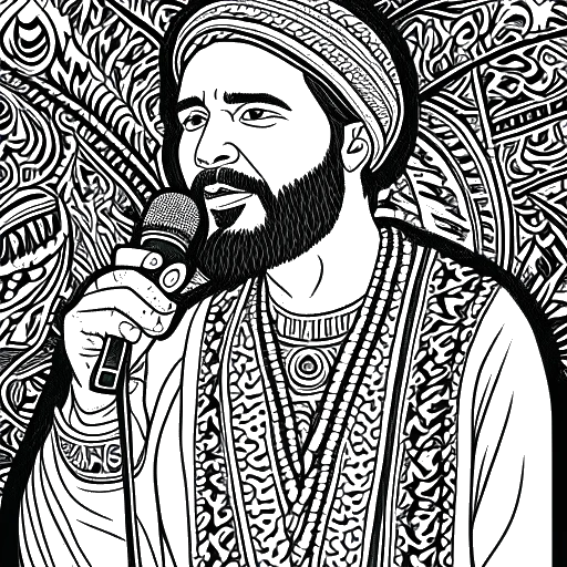Strichzeichnung eines Mannes, der ApoRed darstellt, hält ein Mikrofon, mit traditionellen afghanischen Mustern und Textilien im Hintergrund.