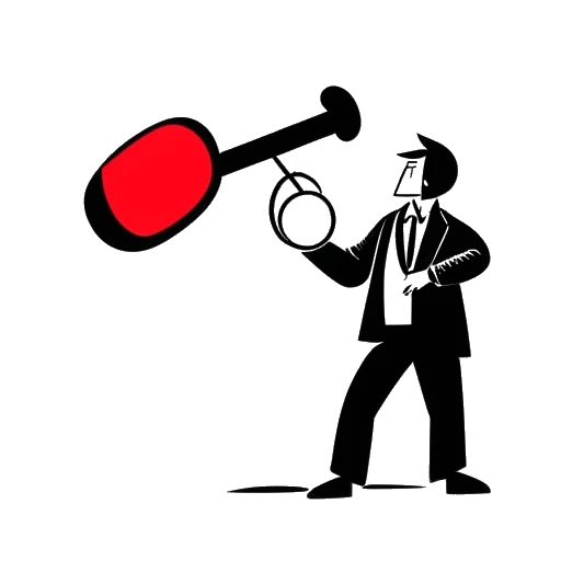Strichzeichnung eines Mannes, der ApoRed darstellt, hält eine Attrappe einer Bombe mit einem Richterhammer und einem roten 'X' in der Nähe.