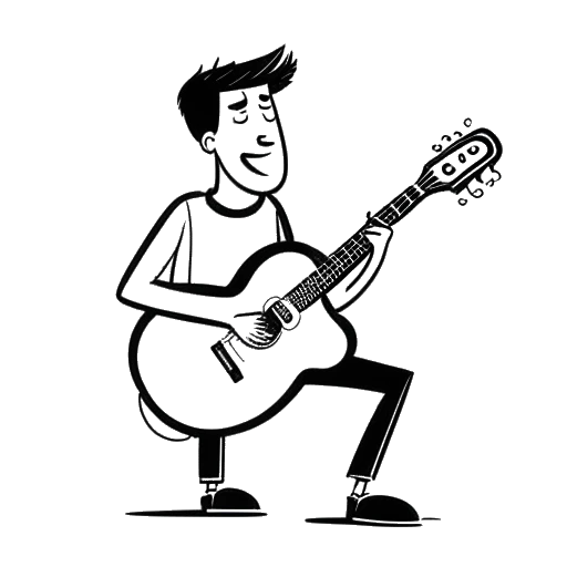 Strichzeichnung eines Mannes, der ApoRed darstellt, hält eine Gitarre mit einer Sprechblase, die den Text '900K Dislikes' enthält.