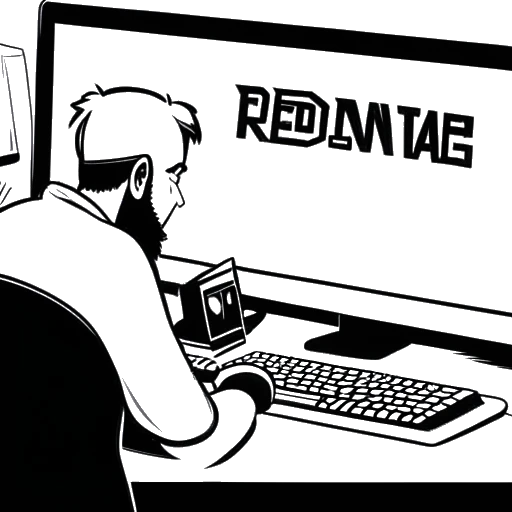 Strichzeichnung eines Mannes, der ApoRed darstellt, spielt ein Videospiel mit den Texten 'RedSama' und 'Fortnite' auf dem Bildschirm.
