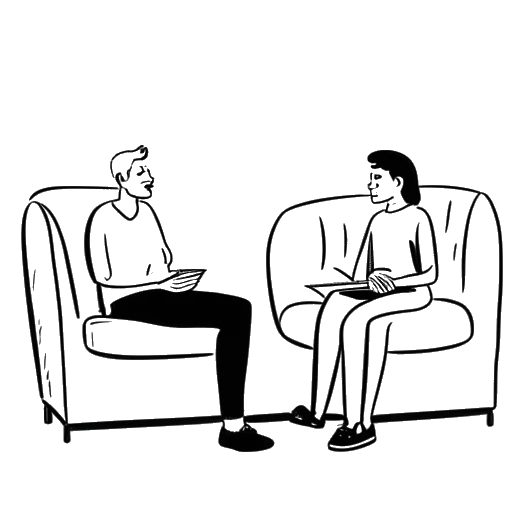 Strichzeichnung eines Mannes, der ApoRed darstellt, sitzt auf einer Couch und spricht mit einem Therapeuten, während der Text 'mentale Gesundheit' in der Nähe angezeigt wird.