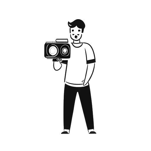 Strichzeichnung eines Mannes, der ApoRed darstellt, hält eine Kamera und steht vor einem Videoplay-Button mit dem Text '29M Aufrufe' darauf.