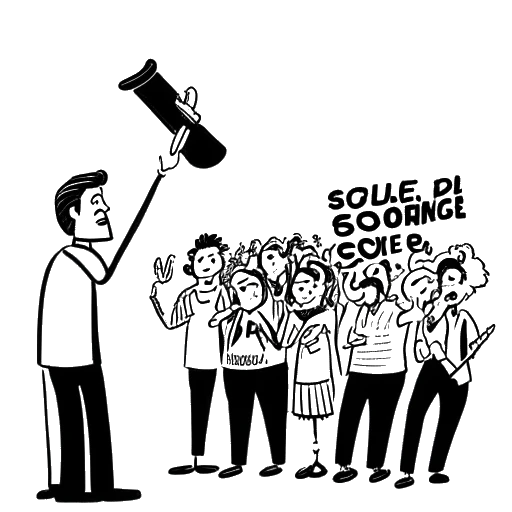 Strichzeichnung eines Mannes, der ApoRed darstellt, hält ein Megafon, steht vor einer Menschenmenge, während der Text 'soziale Probleme' in der Nähe angezeigt wird.