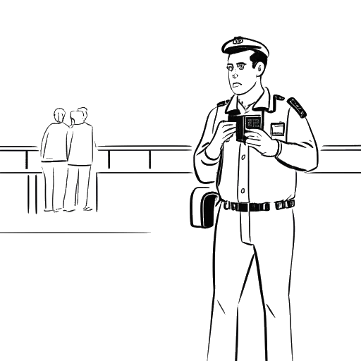 Strichzeichnung eines Mannes, der ApoRed darstellt, wird von einem Flughafensicherheitsbeamten gehalten, während eine Videokamera in der Nähe ist.