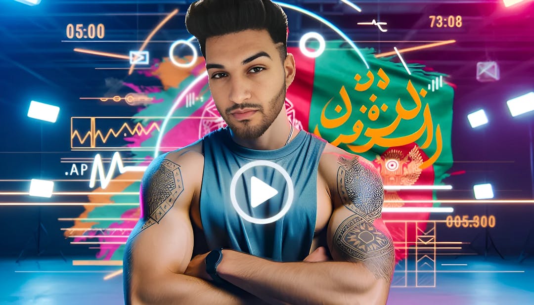 ApoRed (Ahmad Nadim Ahadi) in einem lebendigen und energiegeladenen Vorschaubild. Er ist ein athletischer Mann mit einem hellen/mittleren Hautton, der mit einem neutralen Gesichtsausdruck in die Kamera schaut. Das Bild zeigt seine muskulöse Statur und seine doppelte Identität als YouTube-Inhaltsersteller und Rapper. Im Hintergrund sind Graffiti-Kunstwerke zu sehen, auf denen sein Spitzname "Apo" zu sehen ist, der für seine afghanische Herkunft und seinen Internet-Ruhm steht. Er trägt trendige Streetwear, die seine kantige Persönlichkeit noch unterstreicht.