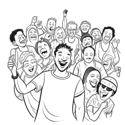 A sketch of a man symbolizing Tyler1 surrounded by a diverse group of fans and followers, interacting positively and supportively, portraying his growing influence and strong community connection.