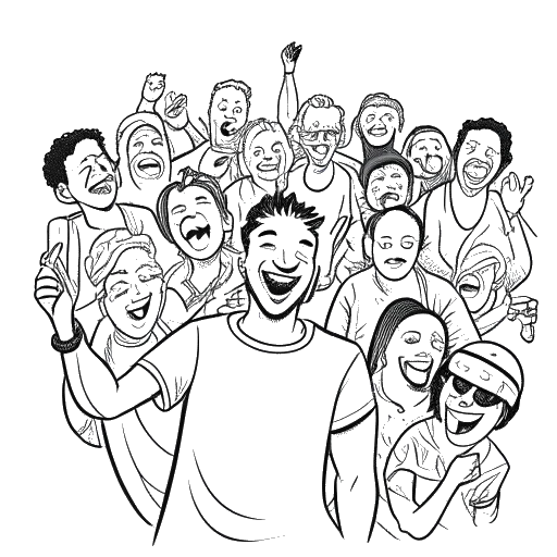 A sketch of a man symbolizing Tyler1 surrounded by a diverse group of fans and followers, interacting positively and supportively, portraying his growing influence and strong community connection.