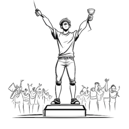 Eine Illustration eines Mannes, der Tyler1 darstellt, der siegreich auf einem Podium steht, einen Pokal hält, umgeben von einem jubelnden Publikum, was seinen Erfolg und seine Anerkennung in der Esport-Branche symbolisiert.
