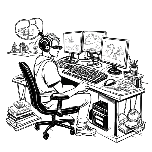 Line art drawing of a man, representing Tyler1, in a dynamic and energetic gaming setup with multiple screens, microphones, and gaming paraphernalia, all against a white backdrop.