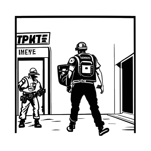 Line art drawing of a man representing a Riot Games employee being escorted out of a building by security, on the building is the Riot Games logo, on a white background