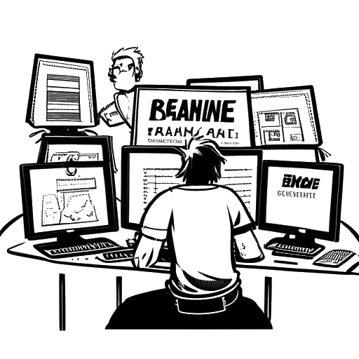 Line art drawing of a man representing Tyler Steinkamp holding a sign that reads 'Banned' next to 22 computer screens displaying the League of Legends logo, on a white background