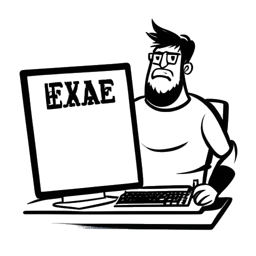 Dessin en traits de contour d'un homme représentant Tyler Steinkamp tenant une pancarte indiquant 'Banni' à côté d'un écran d'ordinateur affichant le logo de League of Legends, sur un fond blanc