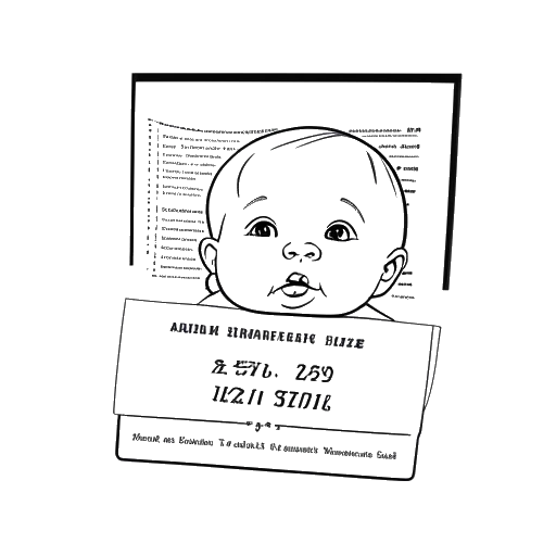 Disegno in bianco e nero di un neonato rappresentante Tyler Steinkamp con un certificato di nascita, il certificato riporta 'Tyler Steinkamp, 6 marzo 1995, Missouri, USA' su sfondo bianco