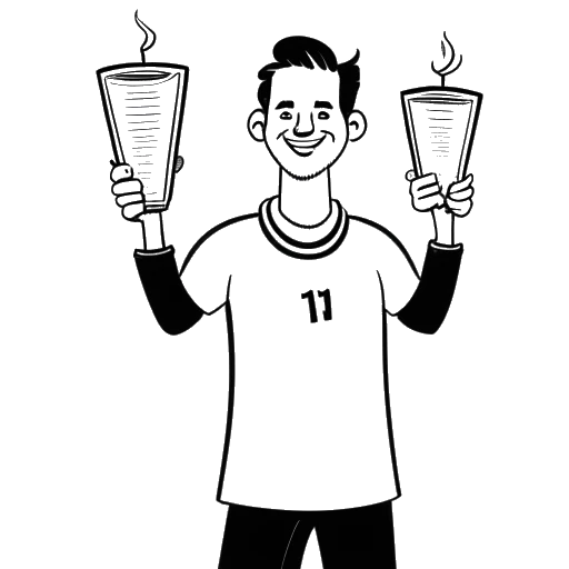 Line art drawing of a man representing Tyler Steinkamp holding two awards, one award has '100k' written on it and the other has '1M' written on it, on a white background