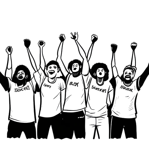 Line art drawing of a group of people representing the 'Tyler1 Army' cheering, they have 'Tyler1 Army' t-shirts on, on a white background