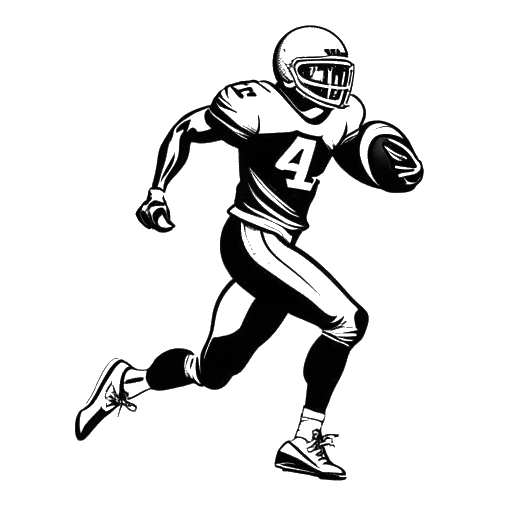 Desenho em arte linear de um homem representando Tyler Steinkamp em uniforme de futebol americano correndo com a bola, o uniforme tem um logo de águia e o número 1, em um fundo branco