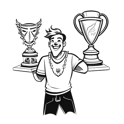 Line art drawing of a man representing Tyler Steinkamp holding a trophy, next to him are 4 LoL champion icons, on a white background
