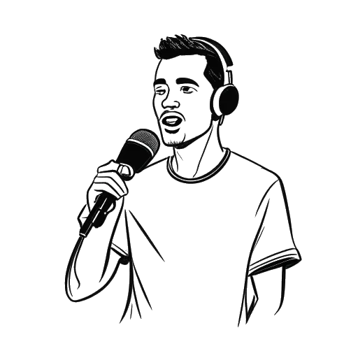 Line art drawing of a man representing Tyler Steinkamp wearing a jersey with the T1 logo on it, he has a microphone in his hand, on a white background