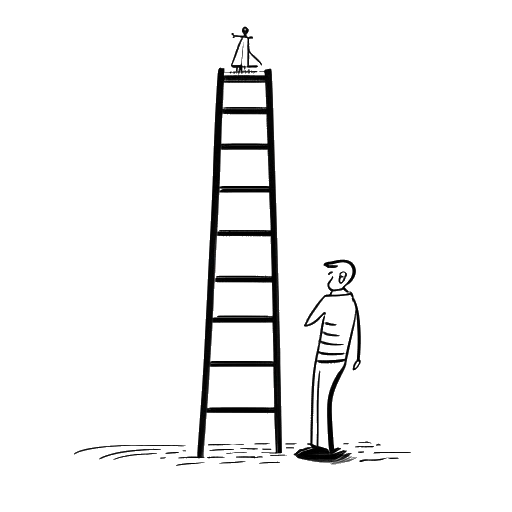 Line art drawing of a man representing Tyler Steinkamp looking at a LoL ladder, he is ranked 14th, on a white background