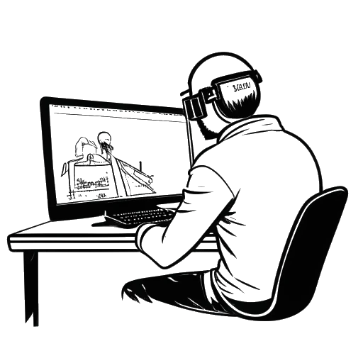 Line art drawing of a man representing Tyler Steinkamp streaming on a computer, on the screen is the PlayerUnknown's Battlegrounds logo, on a white background