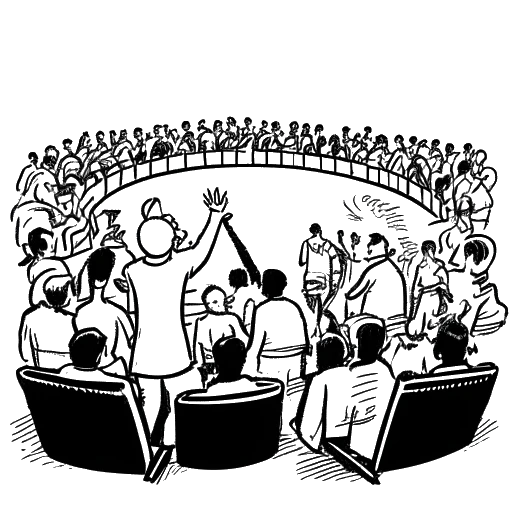 Line art drawing of a man representing Tyler Steinkamp hosting a tournament, on the stage is the TCS logo, the audience is clapping, on a white background