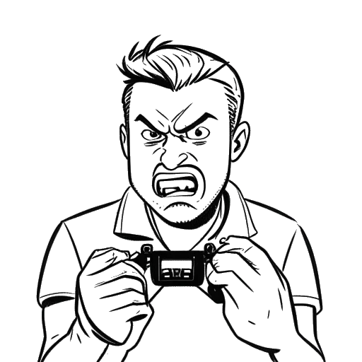 Dibujo en arte lineal de un hombre que representa a Tyler Steinkamp jugando un videojuego, tiene una expresión de enojo en su rostro, en un fondo blanco