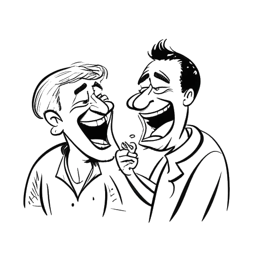 Line art drawing of two men representing Tyler Steinkamp and his twin brother Eric playing LoL together, they have a strong resemblance, on a white background