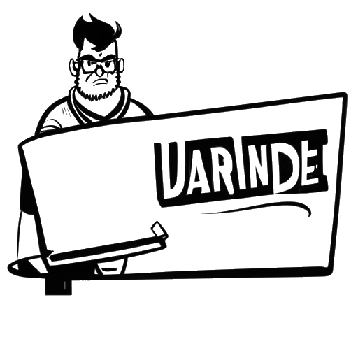 Dessin en traits de contour d'un homme représentant Tyler Steinkamp tenant une pancarte indiquant 'Débanni' à côté d'un écran d'ordinateur affichant le logo de League of Legends, sur un fond blanc