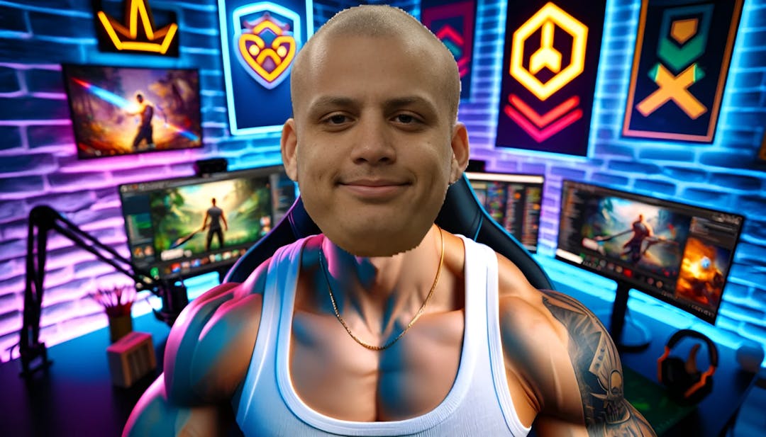 Tyler1, a charismatic and energetic streamer with a bald head, looking confidently into the camera in his private streaming setup. Vibrant background featuring League of Legends-related elements, gaming equipment, and T1 logos. Mesomorphic build and stylish attire. Ultra-realistic and high-resolution image.