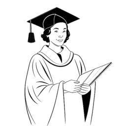 Strichzeichnung einer Frau, die CatyCake repräsentiert, in akademischer Kleidung mit einem Diplom, das ihre akademischen Leistungen darstellt.