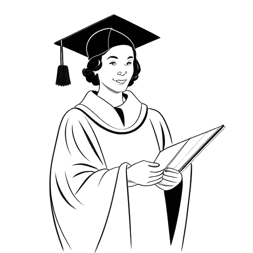 Strichzeichnung einer Frau, die CatyCake repräsentiert, in akademischer Kleidung mit einem Diplom, das ihre akademischen Leistungen darstellt.