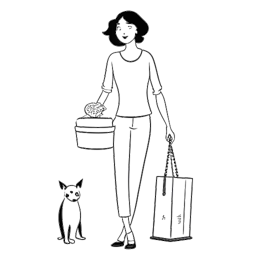 Strichzeichnung einer Frau, die CatyCake repräsentiert, mit ihrem Hund, der einen Koffer und einen Teller mit veganem Essen hält und ihr Leben abseits der Kamera darstellt.