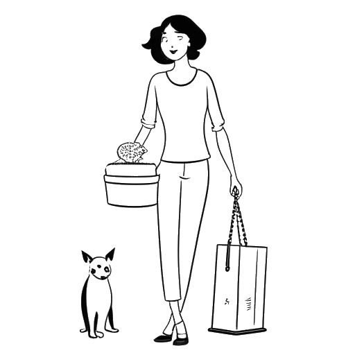 Strichzeichnung einer Frau, die CatyCake repräsentiert, mit ihrem Hund, der einen Koffer und einen Teller mit veganem Essen hält und ihr Leben abseits der Kamera darstellt.
