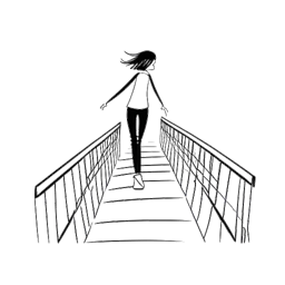Strichzeichnung einer Frau, die CatyCake repräsentiert, wie sie eine schwankende Brücke überquert, was das Überwinden persönlicher Hürden symbolisiert.