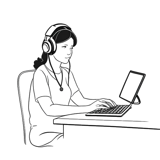 Strichzeichnung einer Frau, die CatyCake repräsentiert, arbeitet an einem Schreibtisch mit einem Computer und einem Headset vor einem weißen Hintergrund